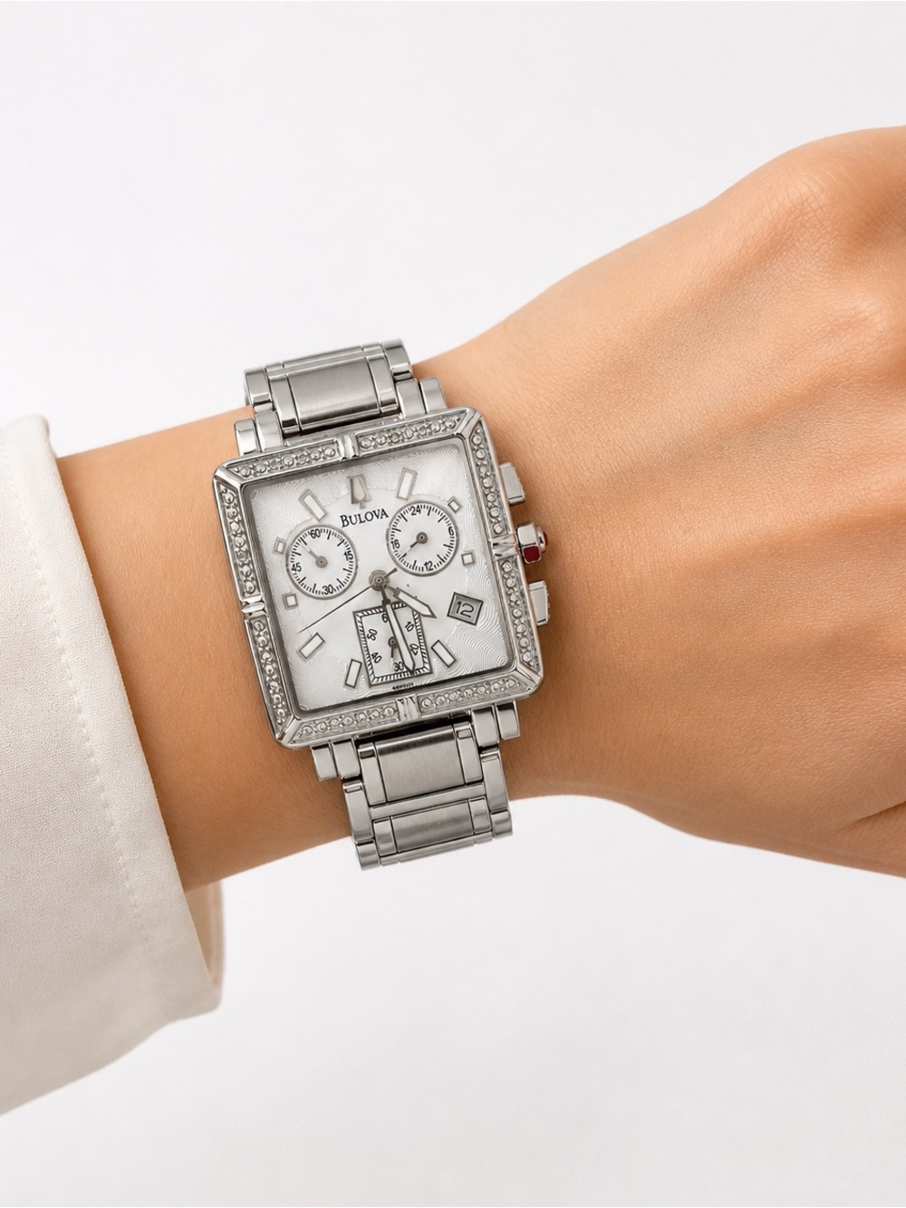 Bulova Silver-Tone Square Chronograph Watch with White Dial - Picture 2 of 4